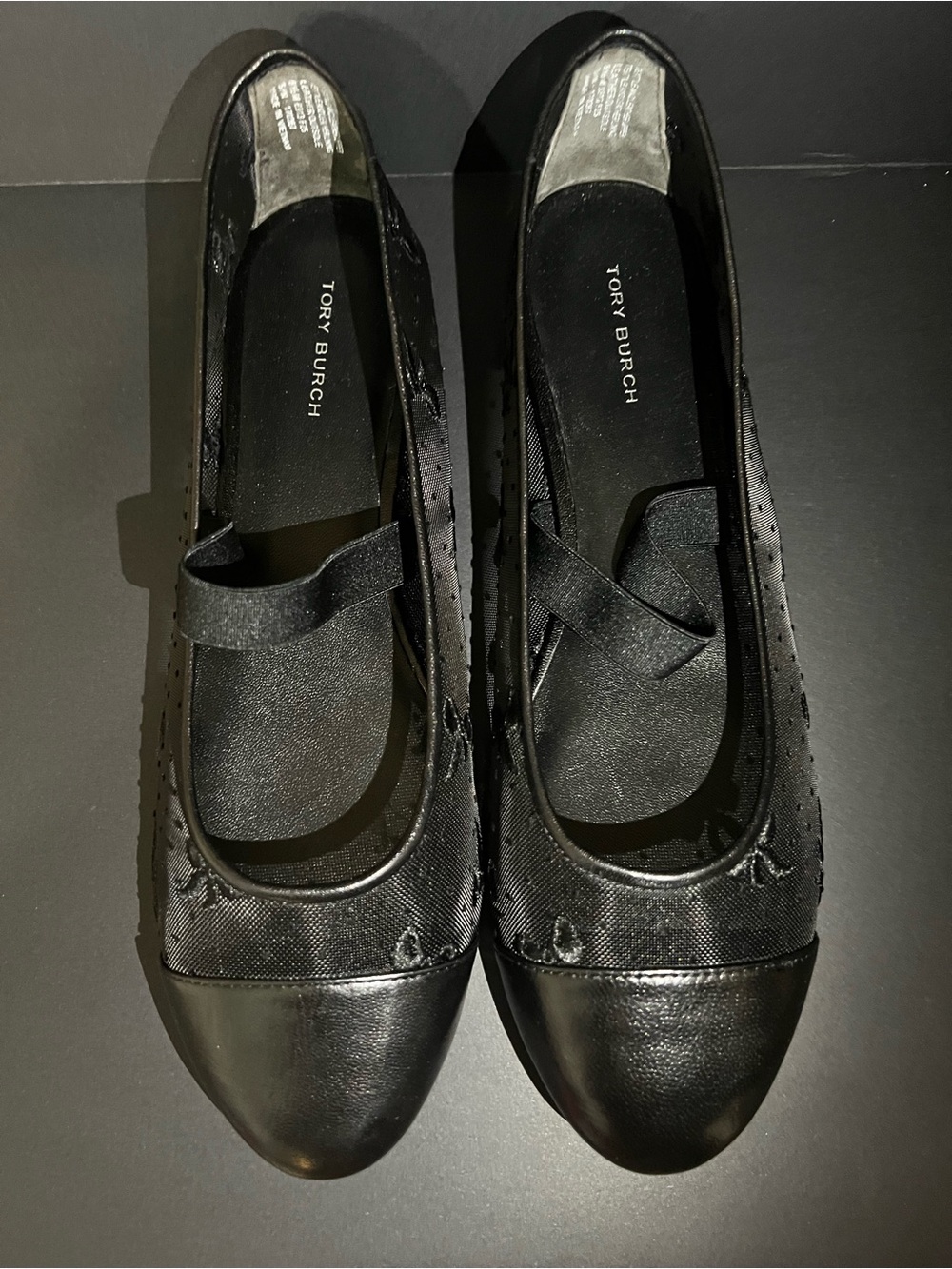 New Tory Burch Black Textured Ballet Flats with Elastic Strap